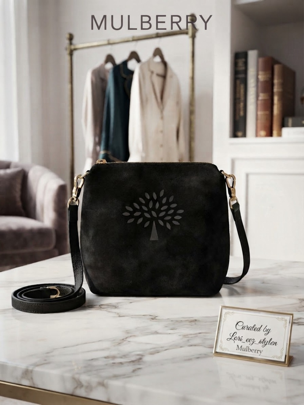 Mulberry Black Suede Crossbody Bag with Tree Logo
